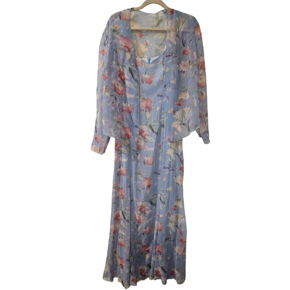 Vintage Ursula of Switzerland‎ Maxi Dress Set 10 Blue Floral Sheer Jacket - Picture 1 of 9